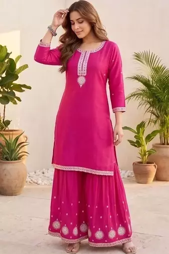 Women Ethnic Motifs Embroidered Regular Thread Work Kurta with Sharara & With Dupatta