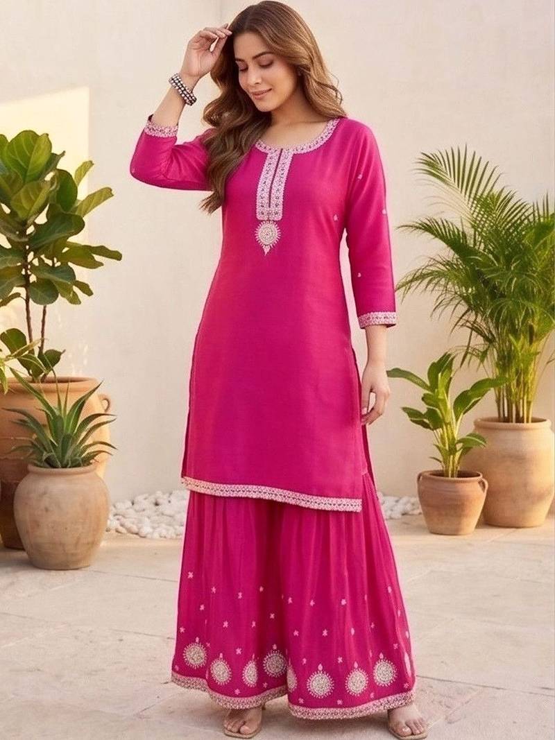 Women Ethnic Motifs Embroidered Regular Thread Work Kurta with Sharara & With Dupatta