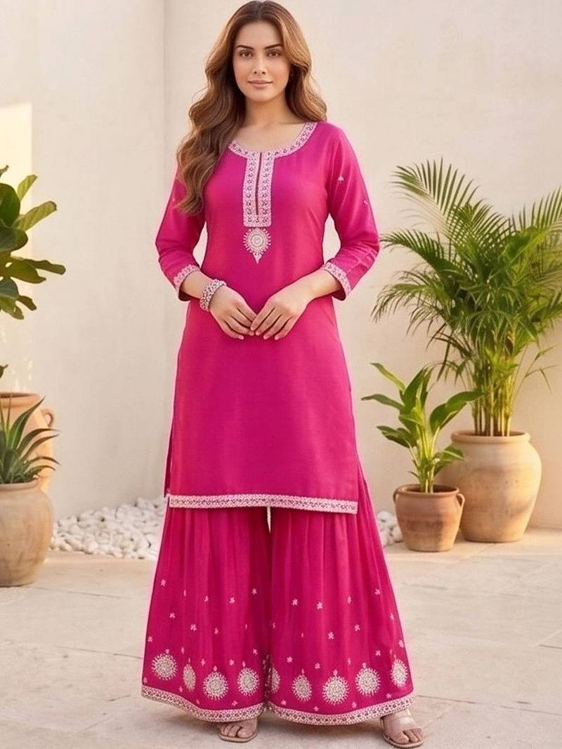 Women Ethnic Motifs Embroidered Regular Thread Work Kurta with Sharara & With Dupatta