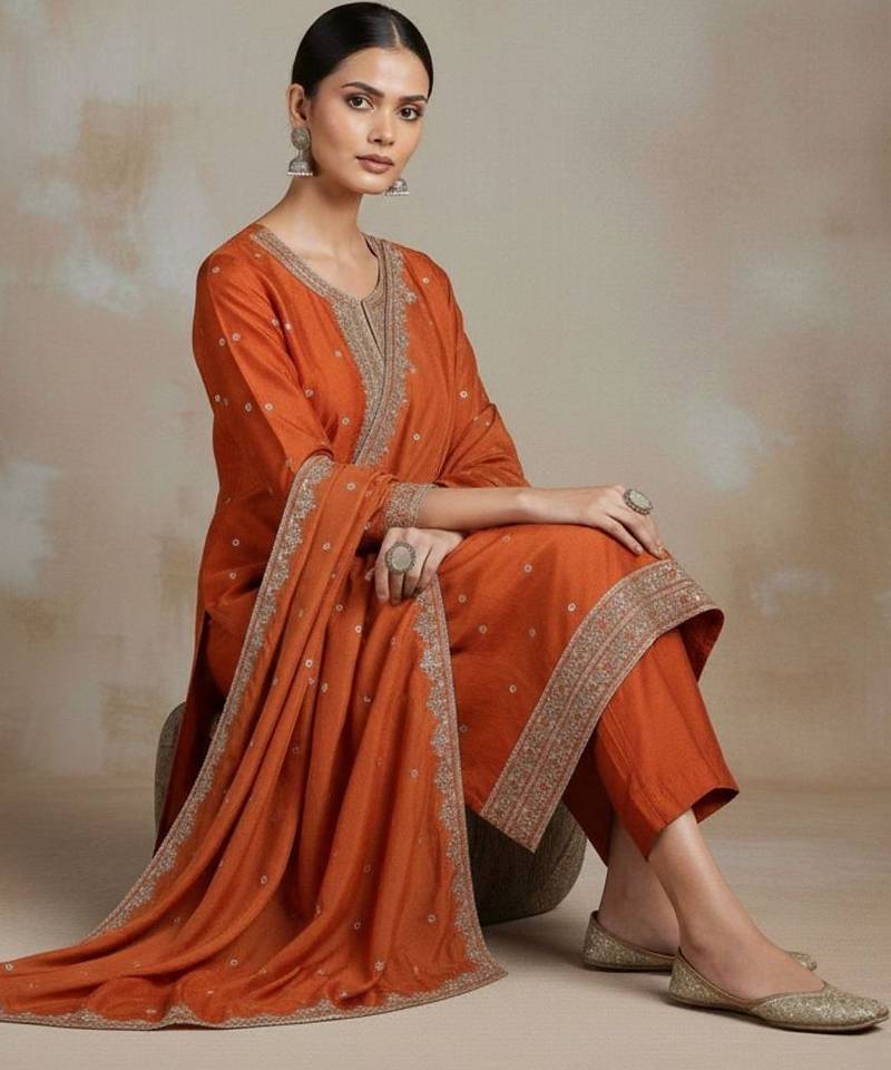 Women Ethnic Motifs Embroidered Regular Thread Work Kurta with Trousers & With Dupatta
