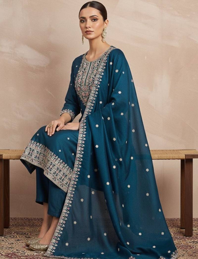 Women Ethnic Motifs Embroidered Regular Thread Work Kurta with Trousers & With Dupatta