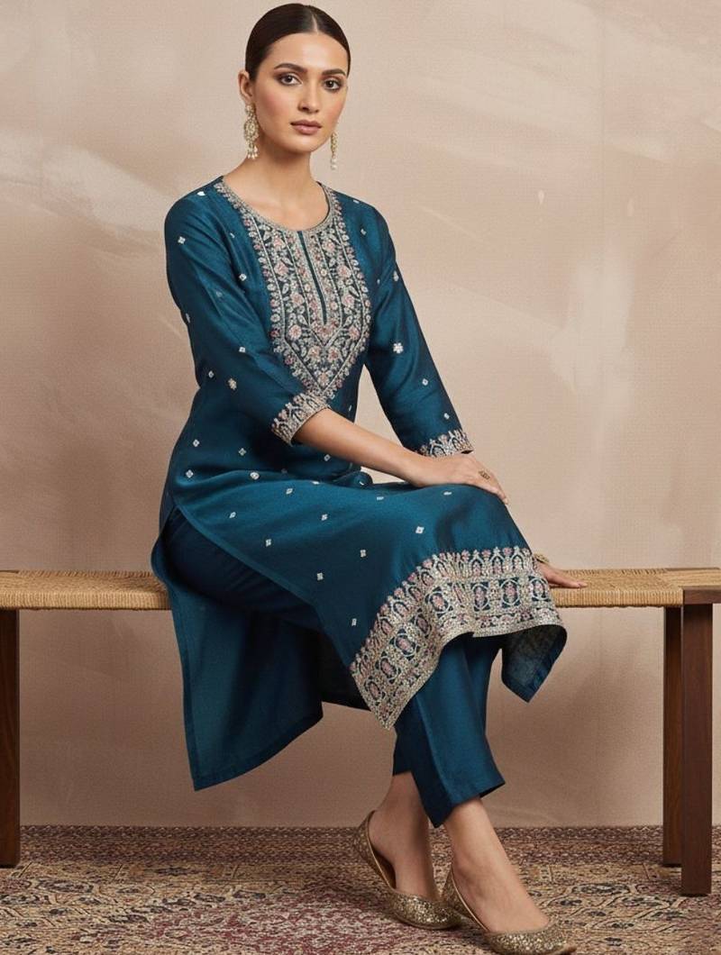 Women Ethnic Motifs Embroidered Regular Thread Work Kurta with Trousers & With Dupatta