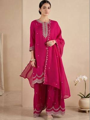 Women Ethnic Motifs Embroidered Regular Thread Work Kurta with Palazzos & With Dupatta 4