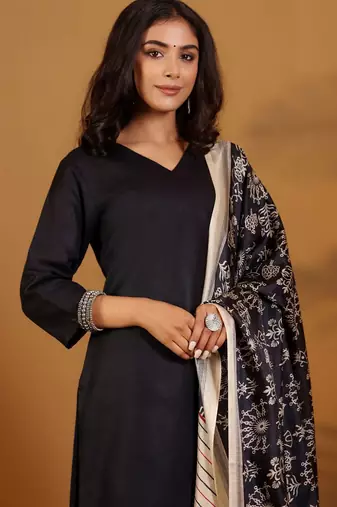 V-Neck Straight Kurta With Trousers And Dupatta