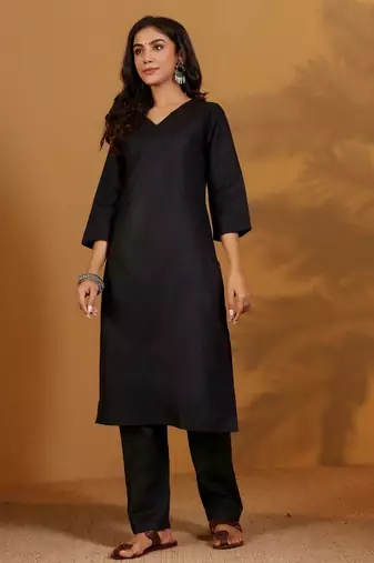 V-Neck Straight Kurta With Trousers And Dupatta