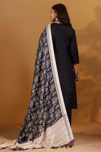 V-Neck Straight Kurta With Trousers And Dupatta