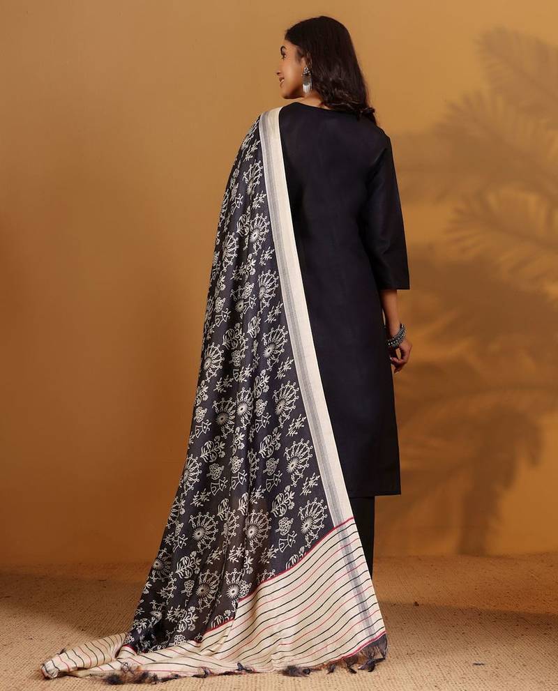 V-Neck Straight Kurta With Trousers And Dupatta