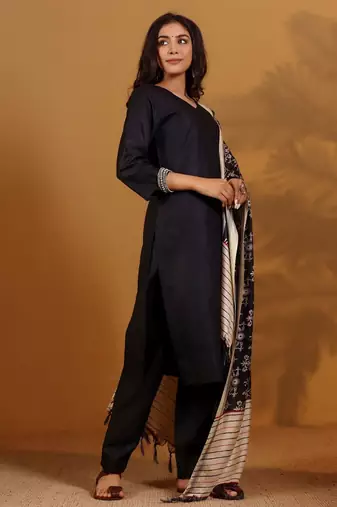 V-Neck Straight Kurta With Trousers And Dupatta