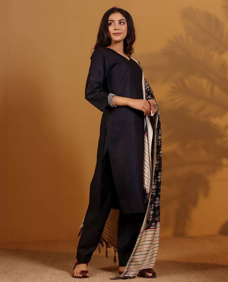 V-Neck Straight Kurta With Trousers And Dupatta