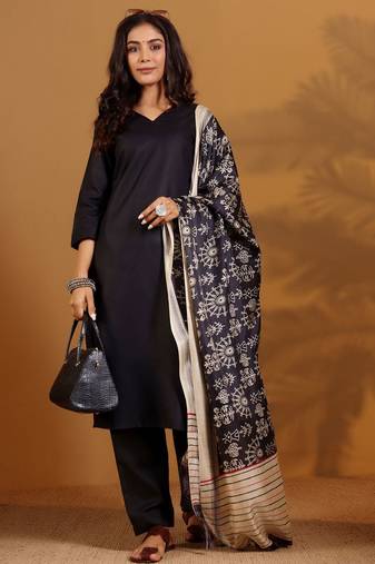V-Neck Straight Kurta With Trousers And Dupatta
