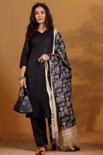 V-Neck Straight Kurta With Trousers And Dupatta