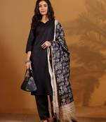 V-Neck Straight Kurta With Trousers And Dupatta