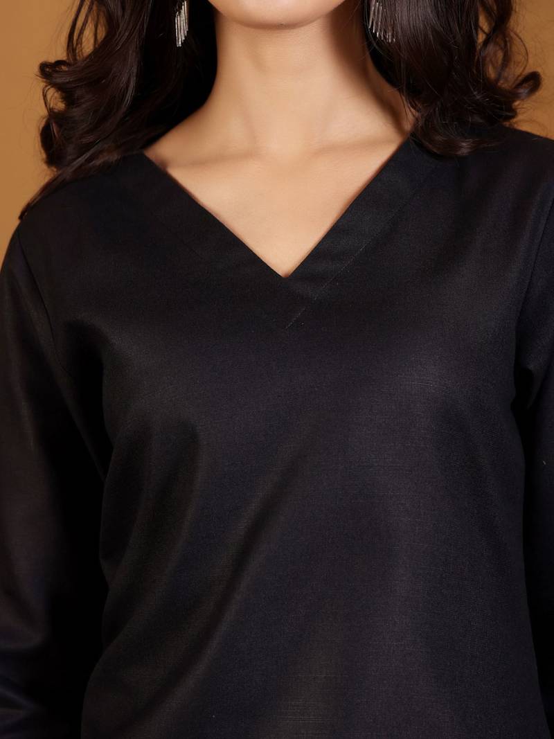 V-Neck Straight Kurta With Trousers And Dupatta