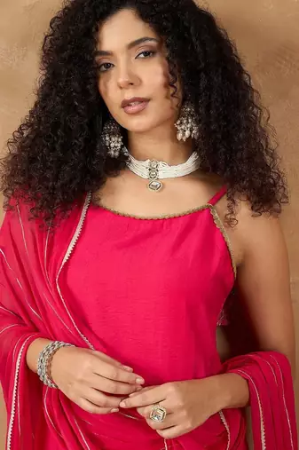 Women Spaghetti Tie Up Strap Floral Kurta with Trousers & Dupatta
