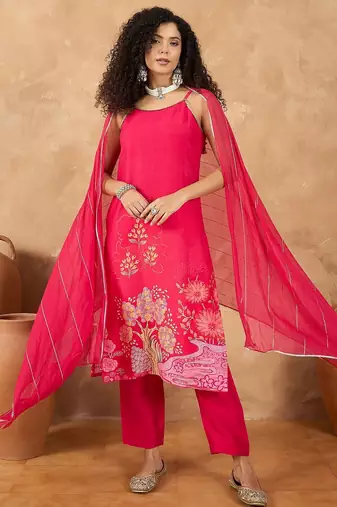 Women Spaghetti Tie Up Strap Floral Kurta with Trousers & Dupatta