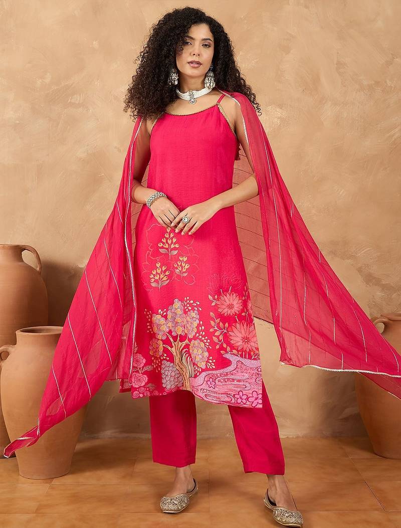 Women Spaghetti Tie Up Strap Floral Kurta with Trousers & Dupatta