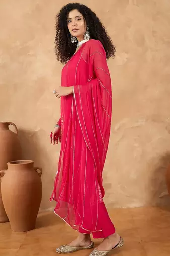 Women Spaghetti Tie Up Strap Floral Kurta with Trousers & Dupatta