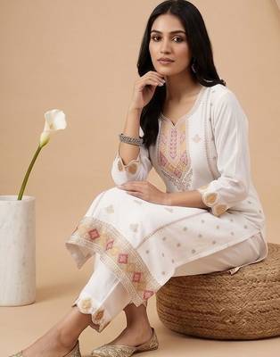 Women Ethnic Motifs Embroidered Regular Thread Work Kurta with Trousers & With Dupatta 2