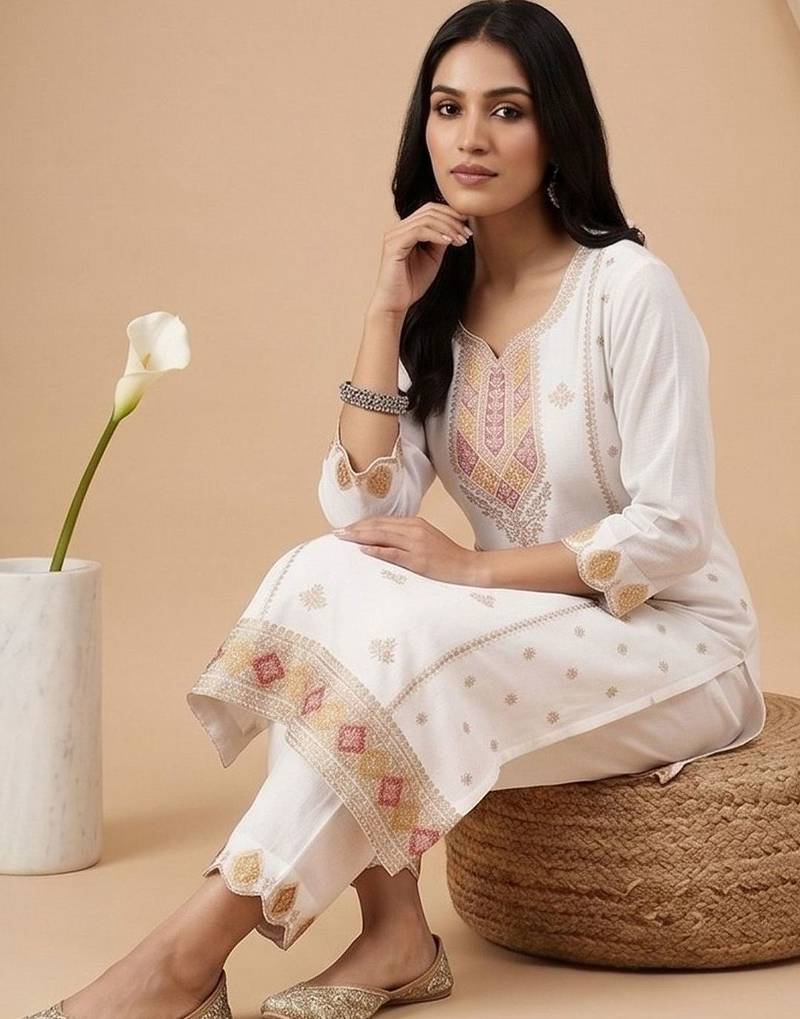 Women Ethnic Motifs Embroidered Regular Thread Work Kurta with Trousers & With Dupatta