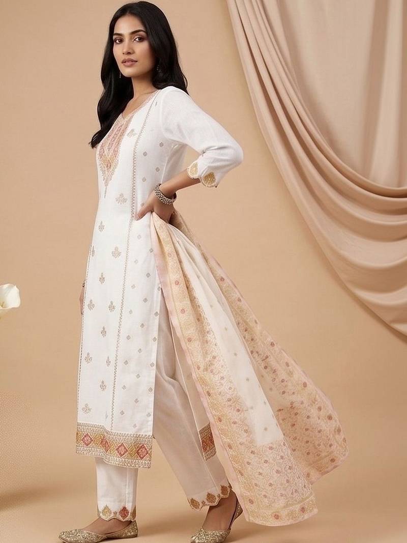 Women Ethnic Motifs Embroidered Regular Thread Work Kurta with Trousers & With Dupatta