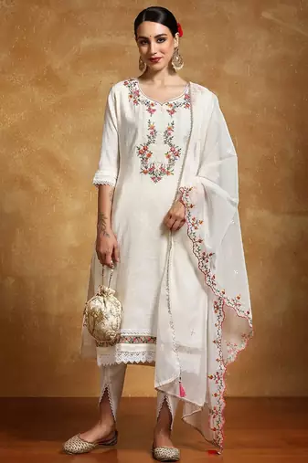 Women Floral Embroidered Regular Thread Work Kurta with Dhoti Pants & With Dupatta