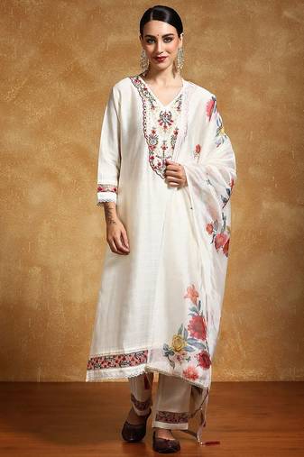 Women Floral Embroidered Regular Thread Work Kurta with Trousers & With Dupatta