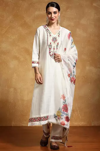 Women Floral Embroidered Regular Thread Work Kurta with Trousers & With Dupatta
