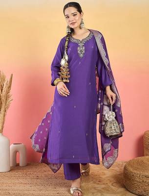 Women Ethnic Motifs Embroidered Beads and Stones Kurta with Trouser & Dupatta 1