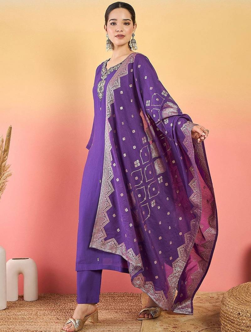 Women Ethnic Motifs Embroidered Beads and Stones Kurta with Trouser & Dupatta