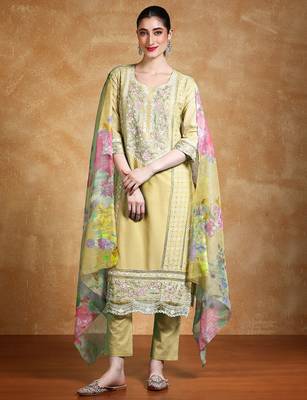 Floral Embroidered Thread Work Pure Cotton Straight Kurta With Trousers & Dupatta 1