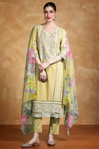 Floral Embroidered Thread Work Pure Cotton Straight Kurta With Trousers & Dupatta