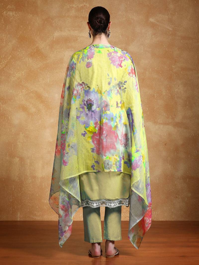 Floral Embroidered Thread Work Pure Cotton Straight Kurta With Trousers & Dupatta