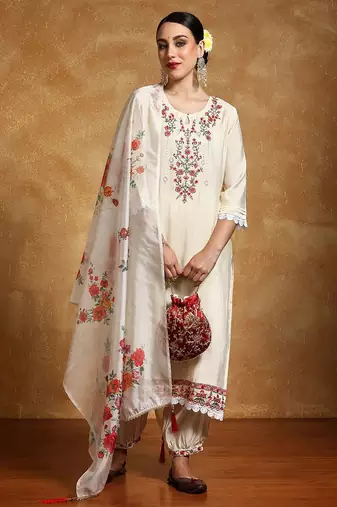 Women Floral Yoke Design Regular Thread Work Kurta with Trousers & With Dupatta