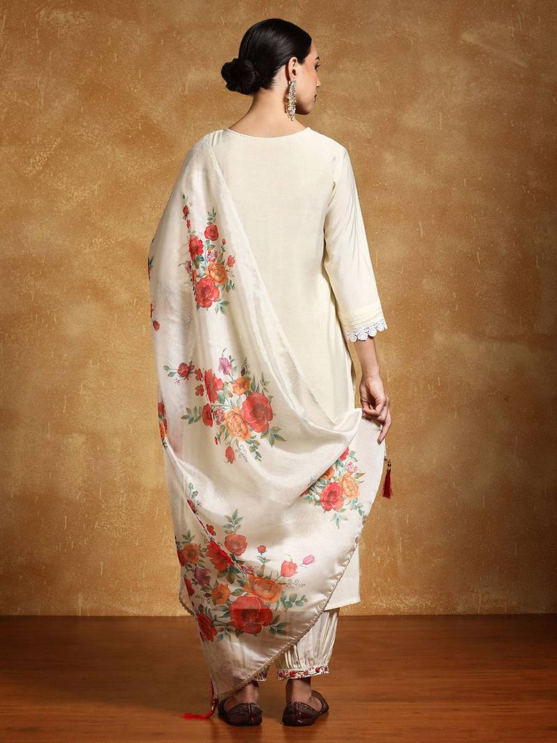 Women Floral Yoke Design Regular Thread Work Kurta with Trousers & With Dupatta