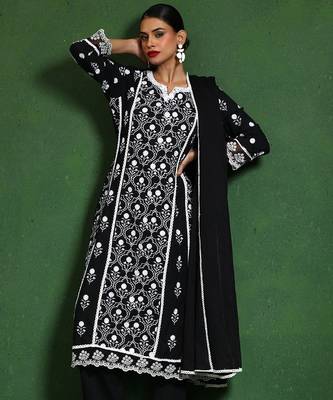 Women Floral Embroidered Regular Chikankari Pure Cotton Kurta with Trousers & With Dupatta 1