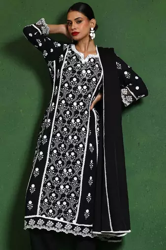 Women Floral Embroidered Regular Chikankari Pure Cotton Kurta with Trousers & With Dupatta