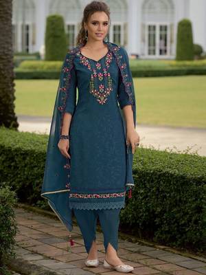 Floral Yoke Design V-Neck Thread Work Straight Kurta With Dhoti & Dupatta 1