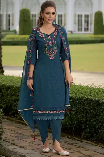 Floral Yoke Design V-Neck Thread Work Straight Kurta With Dhoti & Dupatta