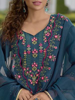 Floral Yoke Design V-Neck Thread Work Straight Kurta With Dhoti & Dupatta 2