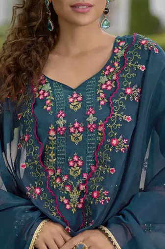 Floral Yoke Design V-Neck Thread Work Straight Kurta With Dhoti & Dupatta