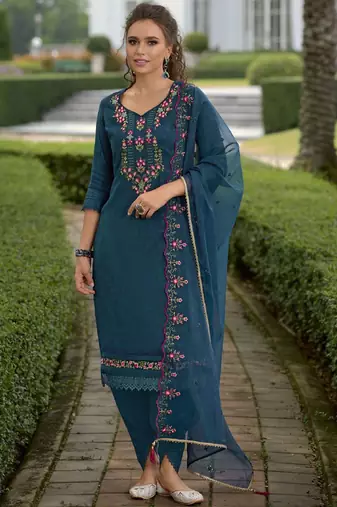 Floral Yoke Design V-Neck Thread Work Straight Kurta With Dhoti & Dupatta