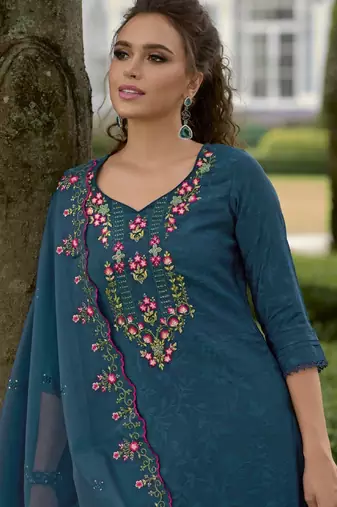 Floral Yoke Design V-Neck Thread Work Straight Kurta With Dhoti & Dupatta