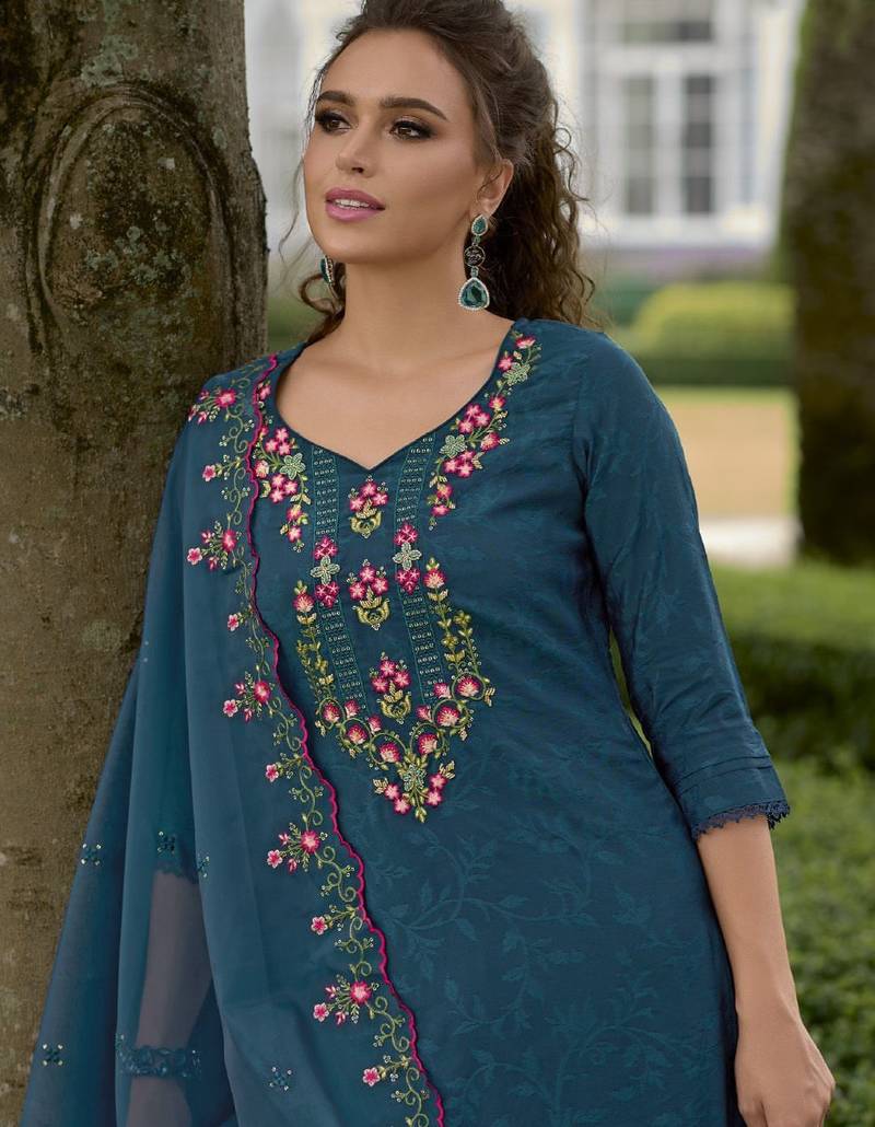Floral Yoke Design V-Neck Thread Work Straight Kurta With Dhoti & Dupatta