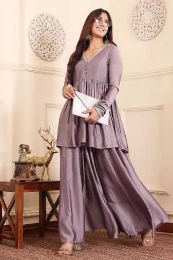 V-Neck Gotta Patti Long Sleeves A-Line Flared Kurta with Palazzo