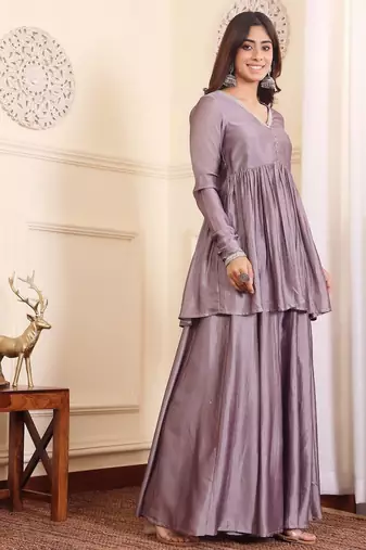 V-Neck Gotta Patti Long Sleeves A-Line Flared Kurta with Palazzo