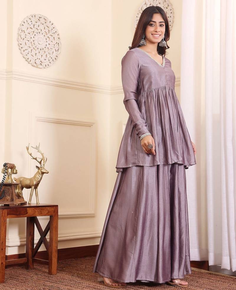 V-Neck Gotta Patti Long Sleeves A-Line Flared Kurta with Palazzo