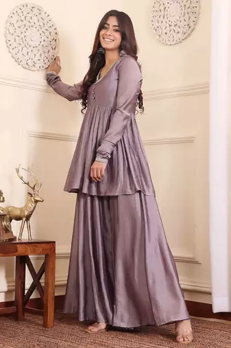 V-Neck Gotta Patti Long Sleeves A-Line Flared Kurta with Palazzo