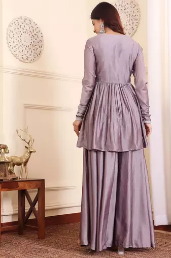 V-Neck Gotta Patti Long Sleeves A-Line Flared Kurta with Palazzo