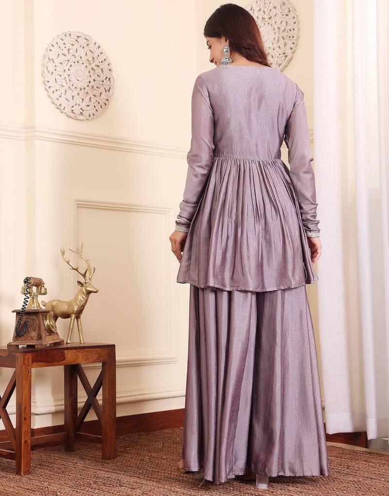 V-Neck Gotta Patti Long Sleeves A-Line Flared Kurta with Palazzo