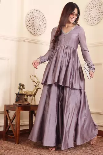 V-Neck Gotta Patti Long Sleeves A-Line Flared Kurta with Palazzo
